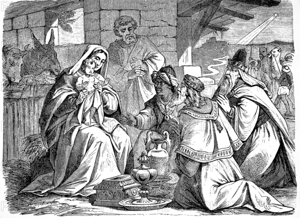 The wise men from the East, Mary and Joseph, birth of Jesus, stable, Bethlehem, Gospel of Matthew, chapter 2, New Testament, Bible, historical illustration 1877