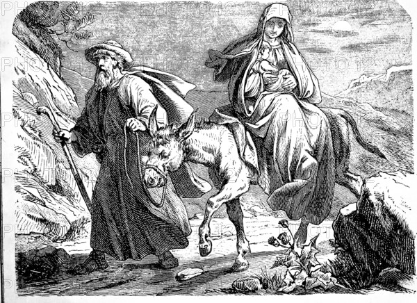 Mary and Joseph flee to Egypt with baby Jesus, donkey, horse riding, mountain landscape, walking stick, escape, Gospel of Matthew, chapter 3, King Herod, New Testament, Bible, historical illustration 1877
