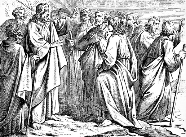 The sending of the twelve apostles, granting authority and instruction, Gospel of Matthew, chapter 10, disciples, Simon, Peter, John, Barttholomew, Simon of Canaa, Judas, go to the house of Israel, the Kingdom of Heaven is near, halo, New Testament, Bible, historical illustration 1877