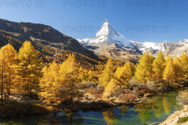 Matterhorn Mountain, Grindjisee Lake and Yellow Larches in Autumn on Sunny Day. Swiss Alps. Valais, Switzerland