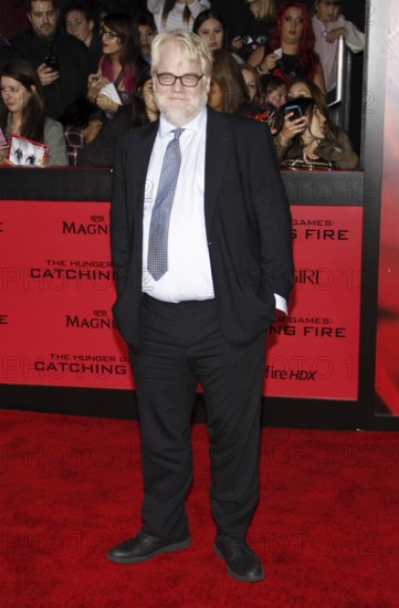 Philip Seymour Hoffman at the Los Angeles premiere of 'The Hunger Games: Catching Fire' held at the Nokia Theatre L.A. Live in Los Angeles, USA on November 18, 2013, Los Angeles, CA, USA, Los Angeles, California, USA
