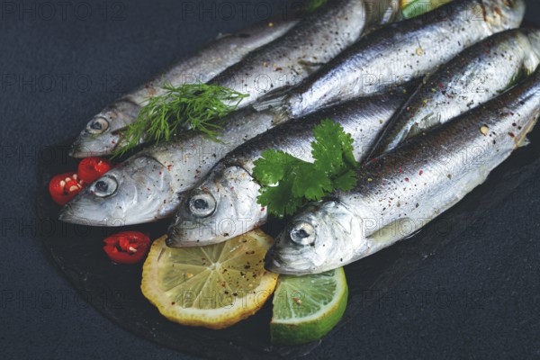 Fresh Herring fish, ready to cook, with herbs and spices, on black slate, in the kitchen