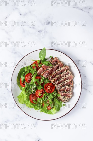 Fried tuna in sesame seeds, sliced on a plate, with fresh salad, on a white plate, homemade
