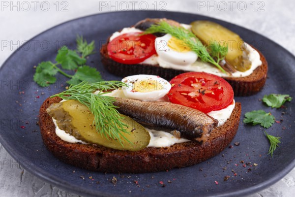 Sandwiches on rye bread with sprats, quail eggs, fresh tomatoes and pickled cucumber, on a dark plate, appetizer, breakfast