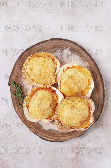 Scallop, baked in shells, with cheese and spices, on a cutting board, homemade