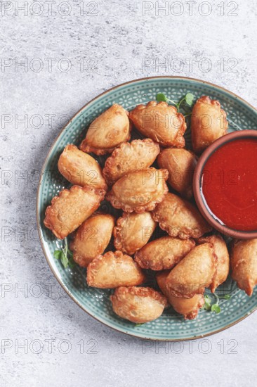 Fried mini chebureks, with sauce, on a decorative plate, hard light, no people