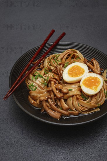 Buckwheat noodles soba with shimeji mushrooms, with boiled egg, green onion, sesame seeds, homemade, on a dark background, without people