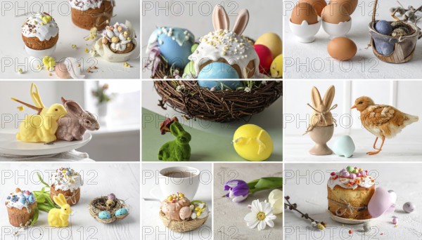 Collage of easter symbols, rabbit, fresh blooming flowers, bird's nest, colored easter eggs, sweets, chocolate and cakes, symbolic wallpaper illustration for festive easter vacation, AI generated