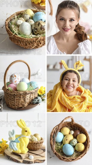 Collage of easter symbols, rabbit, fresh blooming flowers, bird's nest, colored easter eggs, sweets, chocolate and cakes, symbolic wallpaper illustration for festive easter vacation, AI generated