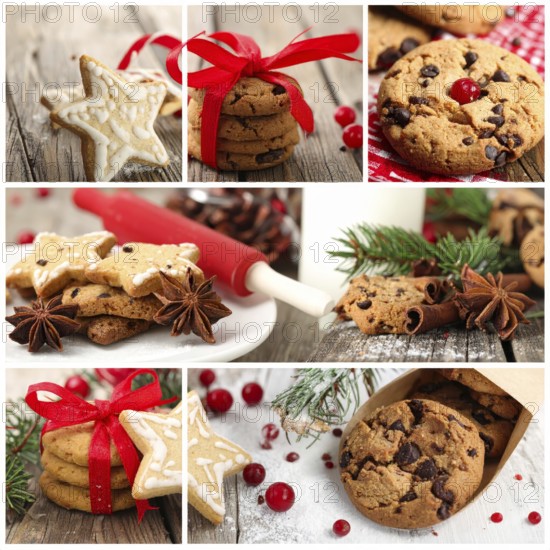 Collage of Christmas cookies and sweets, variation of sweet desserts, lots of unhealthy calories, soft golden light, festive wallpaper background, AI generated