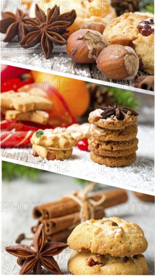 Collage of Christmas cookies and sweets, variation of sweet desserts, lots of unhealthy calories, soft golden light, festive wallpaper background, AI generated