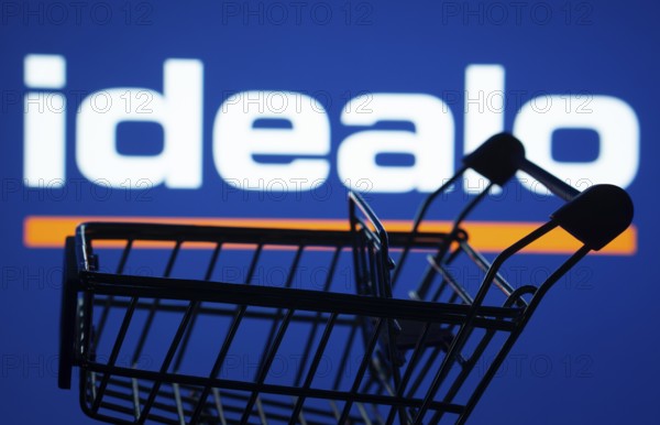 Dhaka, Bangladesh- 03 July 2025: Silhouette of a shopping cart in front of the idealo logo, symbolizing ecommerce and online shopping
