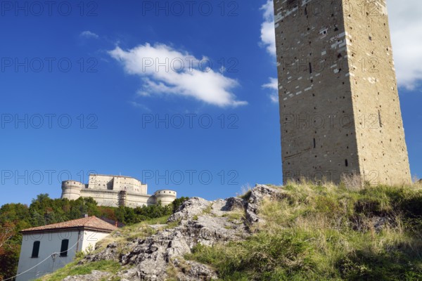 Fortress round towers, medieval fortress, San Leo fortress, Torre Civica, San Leo, Emilia-Romagna, Italy