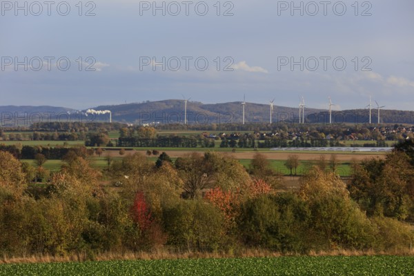 View towards Hildesheim with Nordzucker sugar factory, wind turbines, Lüdersen mountain village, city of Springe, Hanover region, Lower Saxony, Germany