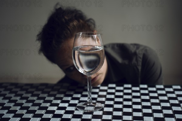 Woman's face behind a wine glass, with reflection in water
