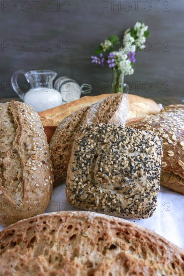 Freshly baked artisanal bread featuring various types and textures, displaying a rich culinary tradition with milk and flour in the background