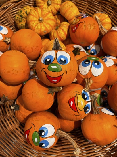 Painted pumpkins with faces in supermarket
