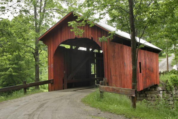 Slaughter House covered bridge in Northfield, VT. in Washington county, Central Vermont. 55 foot Queenpost Truss bridge built in 1872, crosses the Dog River. Located south of northfield falls just off Rt. 12