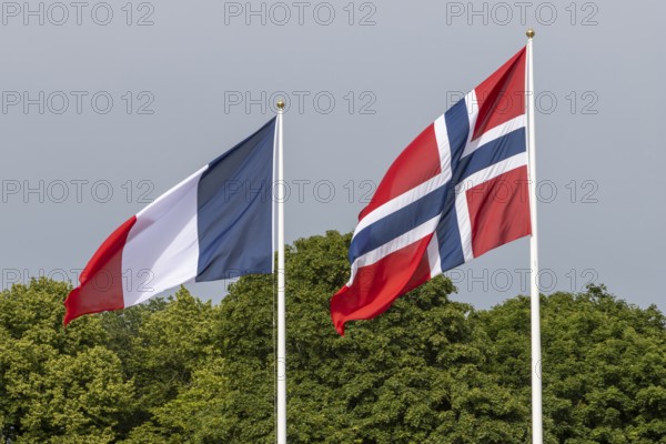 The national flag of Norway and the flag of France hoisted at the Palace Square in Oslo for the state visit of French president, Emmanuel Macron. Oslo, Østlandet, Norway