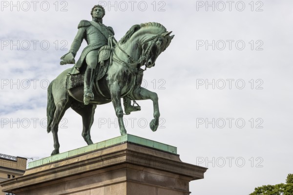 Equestrian statue of Karl Johan, King of Sweden and Norway, sculpted by Norwegian artist, Brynjulf Bergslien. This monument, the bronze cast, stands in front of the Royal Palace in central Oslo. Østlandet, Norway
