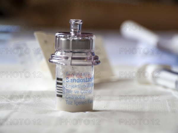 Istambul, Turkey October 21st 2025 Sandostatin LAR 30 mg Novartis anti growth hormone medication vial containing a suspension for injection