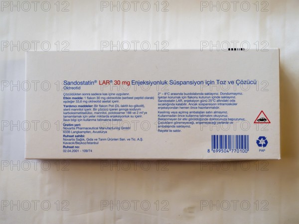 Istambul, Turkey October 21st 2025 Sandostatin LAR 30 mg box with octreotide injectable suspension packaging for anti growth hormone therapy and acromegaly treatment