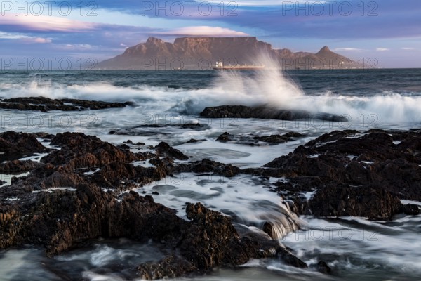 Table Mountain in evening light as seen from Blouberg Beach, Cape Town, Western Cape, Republic of South Africa