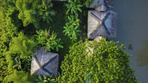 Nature resort next to a river in Vietnam, Asia, seen from above