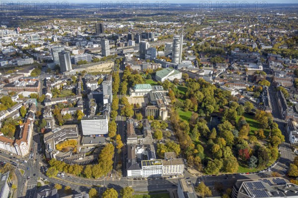 Aerial view, Essen Campus construction site at Central Station, Aalto Theatre Essen and Philharmonic Essen with Stadtgarten, Südviertel, Essen, Ruhr area, North Rhine-Westphalia, Germany, train station, construction area, building land, building plots, construction project, construction site, office building, DE, Deutsche Bahn AG, Europe, events, main station, central station, culture, art, aerial photography, aerial photography, new building, theatre, overview, venue, venue, bird's eye view, birds-eyes view, green lung, cultural use, overview