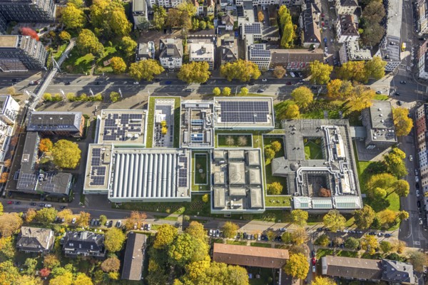 Aerial view, Museum Folkwang, opened by Karl Ernst Osthaus, autumn trees, Südviertel, Essen, Ruhr region, North Rhine-Westphalia, Germany, DE, Europe, culture, art museum, aerial photography, aerial photography, museum, overview, birds-eyes view, cultural use, overview