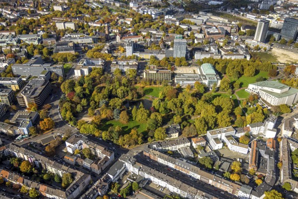 Aerial view, Essen Aalto Theatre and Philharmonic Essen im Stadtgarten, Südviertel, Essen, Ruhr area, North Rhine-Westphalia, Germany, trees in autumn colors, DE, Europe, events, autumn colors, autumn mood, culture, art, aerial photography, aerial photography, theatre, overview, venue, birds-eye view, autumn tree avenue, autumn trees, cultural use, overview