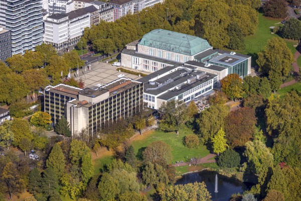 Aerial view, Philharmonie Essen am Stadtgarten with autumn trees, Stadtgarten pond with fountain, Südviertel, Essen, Ruhr area, North Rhine-Westphalia, Germany, DE, Europe, aerial view, aerial photography, aerial photography, overview, birds-eyes view, overview