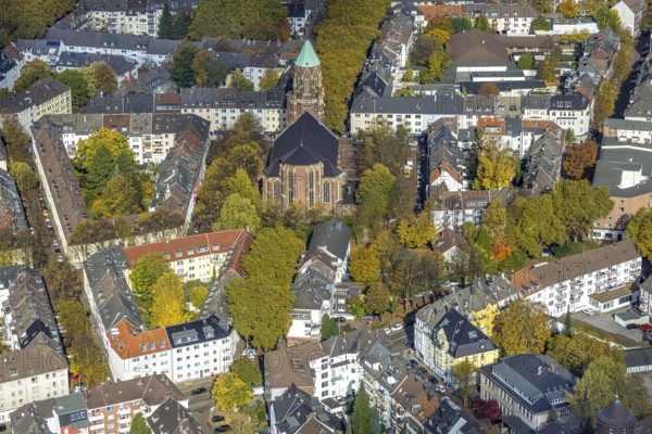 Aerial view, residential area with Catholic Church of St. Mary's Conception, autumn trees and tree avenue, Holsterhausen, Essen, Ruhr region, North Rhine-Westphalia, Germany, place of worship, colorful trees, trees in autumn colors, DE, Europe, religious community, church, land tax, holy place, autumn colors, autumn mood, real estate, church, parish, denomination, aerial photography, aerial photography, religion, religious site, overview, bird's eye view, residential complex, housing and living, residential area, residential quality, residential district, residential district, birds-eyes view, autumnal tree avenue, autumnal trees, overview