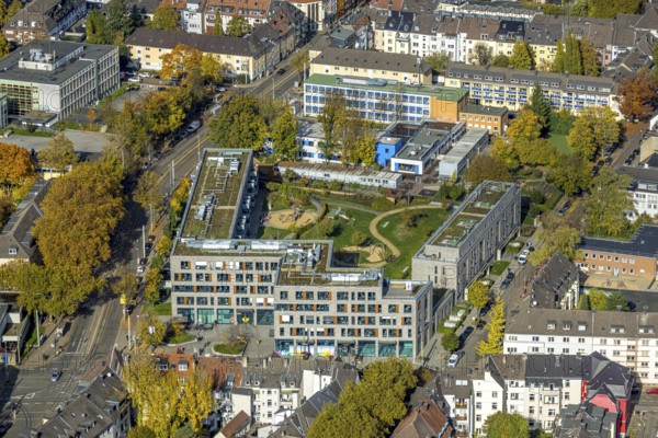 Aerial view, AWO Kita Rubensstraße Cranachhöfe with playground, Holsterhauser Platz, above Städt. Cranachschule community elementary school, autumn trees, Rüttenscheid, Essen, Ruhr region, North Rhine-Westphalia, Germany, education, educational institution, DE, Europe, elementary school, kindergarten, daycare center, kindergarten, teaching institute, aerial photography, aerial photography, school, overview, birds-eyes view, overview