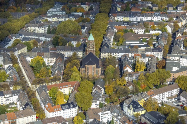 Aerial view, residential area with Catholic Church of St. Mary's Conception, autumn trees, Holsterhausen, Essen, Ruhr region, North Rhine-Westphalia, Germany, place of worship, colorful trees, trees in autumn colors, DE, Europe, religious community, church, property tax, holy place, autumn colors, autumn atmosphere, real estate, church, parish, denomination, aerial view, aerial photography, religion, religious site, overview, bird's eye view, residential complex, housing and living, residential area, residential quality, residential district, residential district, birds-eyes View, autumn tree avenue, overview