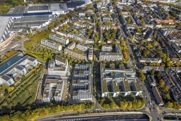 Aerial view, Messe Essen, Messeallee office building, Bredeney, Essen, Ruhr area, North Rhine-Westphalia, Germany, DE, Europe, aerial photography, aerial photography, exhibition grounds, overview, birds-eyes view, overview