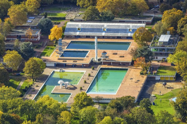 Aerial view, Grugabad in Gruga Park with autumn trees, Rüttenscheid, Essen, Ruhr region, North Rhine-Westphalia, Germany, bathing establishment, seaside resort, DE, Europe, outdoor pool, leisure activities, aerial photography, aerial photography, swimming pool, swimming pool, overview, birds-eye view, birds-eyes view, overview