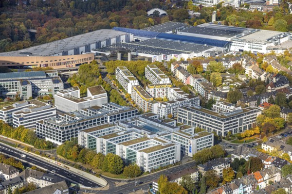 Aerial view, Messe Essen site, general overview, Messeallee, Bredeney, Essen, Ruhr area, North Rhine-Westphalia, Germany, DE, Europe, aerial photography, aerial photography, Messe Essen, exhibition center, overview, birds-eyes view, overview