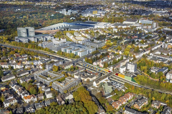 Aerial view, Messe Essen site, general overview, eon company headquarters, Messeallee, Bredeney, Essen, Ruhr area, North Rhine-Westphalia, Germany, DE, Europe, aerial photography, aerial photography, Messe Essen, exhibition grounds, overview, birds-eyes view, overview
