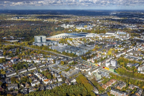 Aerial view, Messe Essen site, overview, eon headquarters, Bredeney, Essen, Ruhr area, North Rhine-Westphalia, Germany, DE, Europe, aerial photo, aerial photography, aerial photography, Messe Essen, exhibition center, overview, birds-eyes view, overview