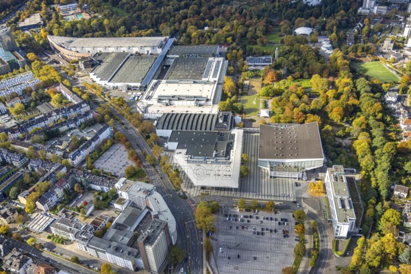 Aerial view, Messe Essen Gelände, Grugahalle, Bredeney, Essen, Ruhr area, North Rhine-Westphalia, Germany, DE, Europe, aerial photography, aerial photography, Messe Essen, exhibition center, overview, birds-eyes view, overview