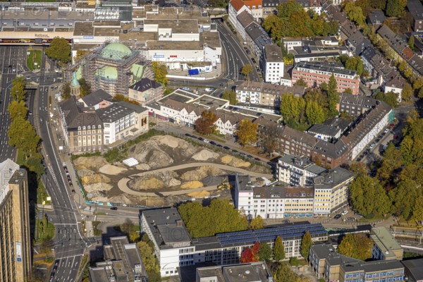 Aerial view, Old Synagogue Cultural Center on Jewish History, Construction Site Building with Roof Renovation and Facade Renovation, Edmund-Körner-Platz, Friedenskirche, Steeler Tor Administrative Campus Construction Site, Essen, Ruhr Area, North Rhine-Westphalia, Germany, Old Synagogue, Place of Worship, Architecture, Exterior View, Construction Site, Construction Site, Construction Site, Building Plots, Construction Project, Construction Site, DE, roof renovation, development, renovation, Europe, facade renovation, building, infrastructure, construction, culture, cultural center, aerial view, aerial photography, aerial photography, perspective, religion, renovation, city, Steeler Tor, overview, urban, administrative campus, birds-eyes view, historical, industrial, Jewish history, catholic town house, overview