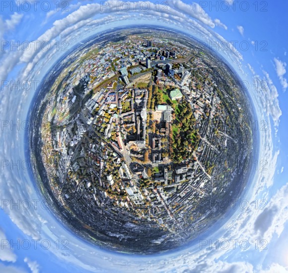 Aerial view, central station station, redesign of Essen campus construction site and planned new building for office campus, Aalto Theatre Essen and Philharmonic Essen with city garden, view of the city, globe, fisheye shot, 360 degree view, tiny world, little planet, fisheye picture, Südviertel, Essen, Ruhr area, North Rhine-Westphalia, Germany, railway station, construction area, building land, building plots, construction project, construction site, city, DE, Deutsche Bahn AG, Europe, events, fisheye lens, track systems, tracks, large construction site, Central Station, Central Station, City Center View, Culture, Art, Little Planet, Aerial View, Aerial Photography, New Building, City Center, City Center, Super Wide Angle Lens, Theatre, Tiny World, Overview, Venue, Birds-Eyes View, Fisheye Lens, Insta360 Camera, Cultural Use, Overview