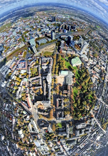 Aerial view, central station station, redesign of Essen campus construction site and planned new building for office campus, Aalto Theatre Essen and Philharmonic Essen with city garden, view of the city, globe, fisheye shot, 360 degree view, tiny world, little planet, fisheye picture, Südviertel, Essen, Ruhr area, North Rhine-Westphalia, Germany, railway station, construction area, building land, building plots, construction project, construction site, city, DE, Deutsche Bahn AG, Europe, events, fisheye lens, track systems, tracks, large construction site, Central Station, Central Station, City Center View, Culture, Art, Little Planet, Aerial View, Aerial Photography, New Building, City Center, City Center, Super Wide Angle Lens, Theatre, Tiny World, Overview, Venue, Birds-Eyes View, Fisheye Lens, Insta360 Camera, Cultural Use, Overview