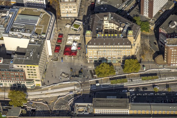 Aerial view, Garner Hotel Essen - Handelshof, Willy-Brandt-Platz renovation with outdoor catering, city center, Essen, Ruhr area, North Rhine-Westphalia, Germany, DE, Europe, gastronomy, hotel, hotel complexes, hotel industry, aerial photography, aerial photography, renovation, overview, birds-eyes view, overview