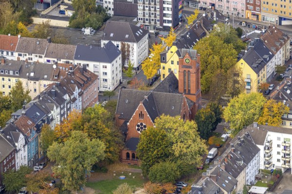 Aerial view, Christ church in the residential area of Altendorf district, Essen, Ruhr area, North Rhine-Westphalia, Germany, place of worship, place of worship, holy place, church, parish, denomination, aerial photography, aerial photography, religion, religious place, overview, birds-eyes view, overview