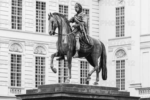 Equestrian statue of Emperor Joseph II, black and white photo, Josefsplatz, Vienna, Austria