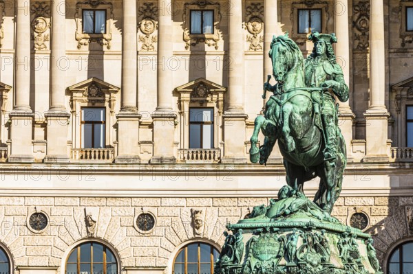 Monument to Prince Eugene, behind it the historic façade of the New Hofburg Imperial Palace, Heldenplatz, Vienna, Austria
