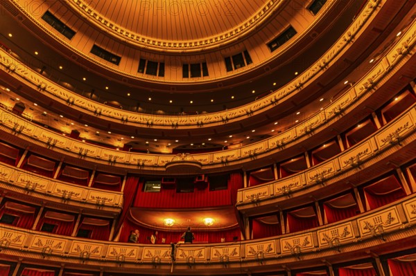 Upper ranks and boxes in the large auditorium at the Vienna State Opera, Vienna, Austria