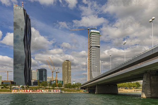 Modern high-rise buildings, Uno-City, view from Danube Island, Vienna, Austria